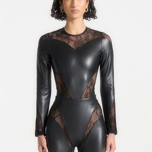 COPY - Maniere De Voir Vegan Leather and Lace Contour Bodysuit